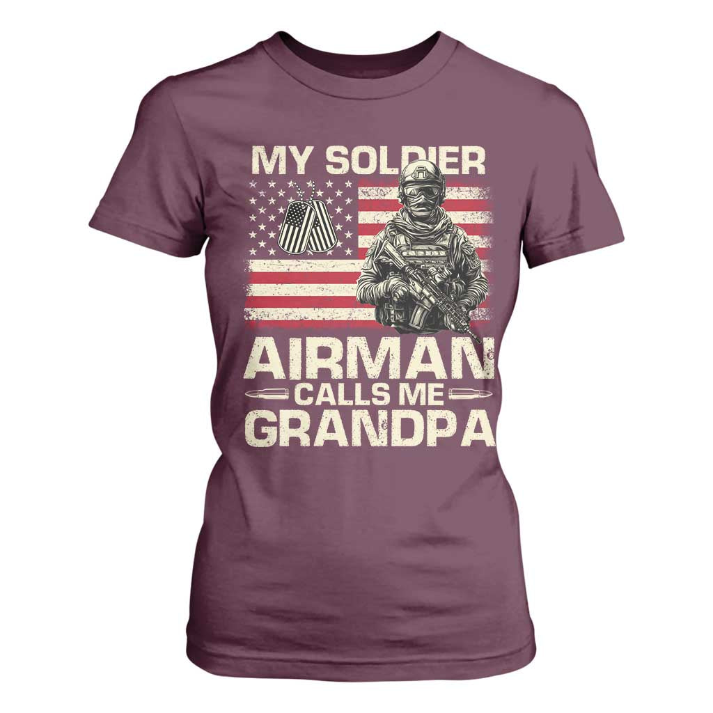 Proud Air Force Grandpa T Shirt For Women My Soldier Airman Calls Me Grandpa US Flag TS10 Maroon Print Your Wear