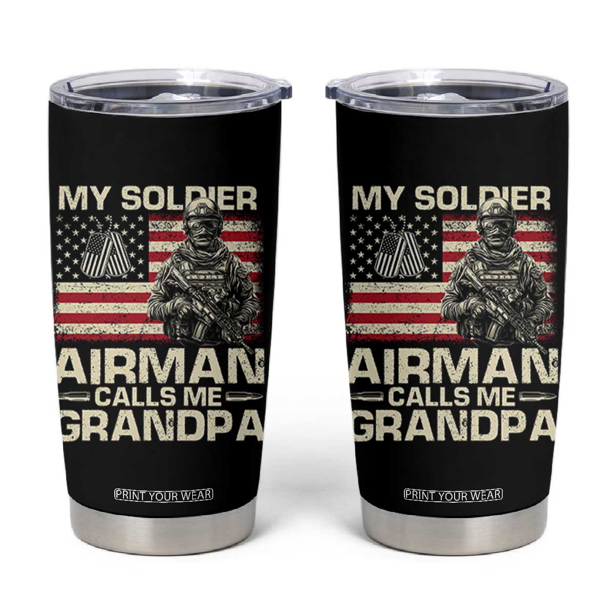 Proud Air Force Grandpa Tumbler Cup My Soldier Airman Calls Me Grandpa US Flag TS10 Black Print Your Wear