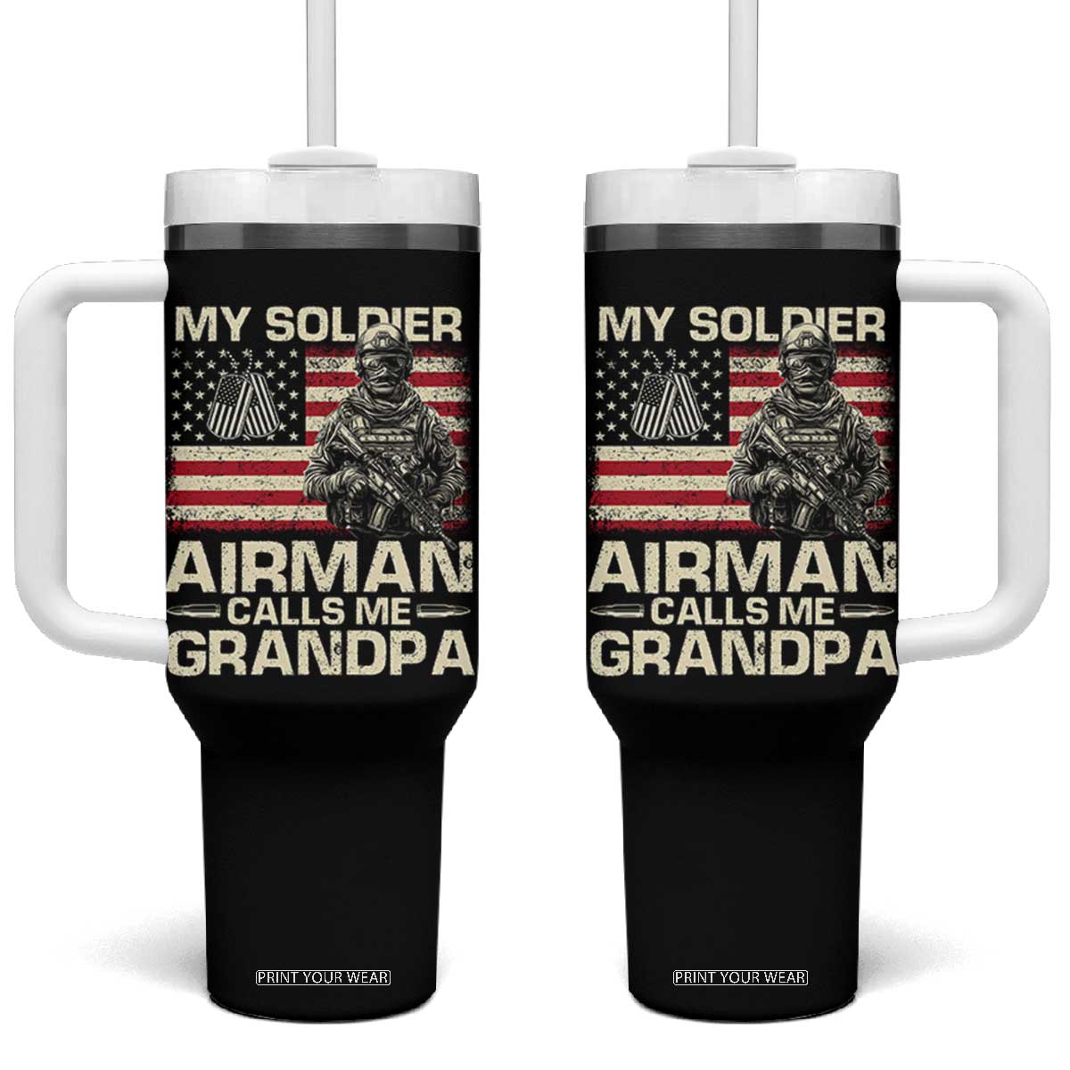 Proud Air Force Grandpa Tumbler With Handle My Soldier Airman Calls Me Grandpa US Flag TS10 One Size: 40 oz Black Print Your Wear