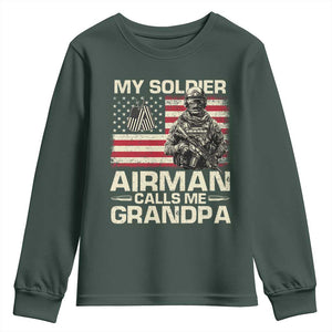Proud Air Force Grandpa Youth Sweatshirt My Soldier Airman Calls Me Grandpa US Flag TS10 Dark Forest Green Print Your Wear
