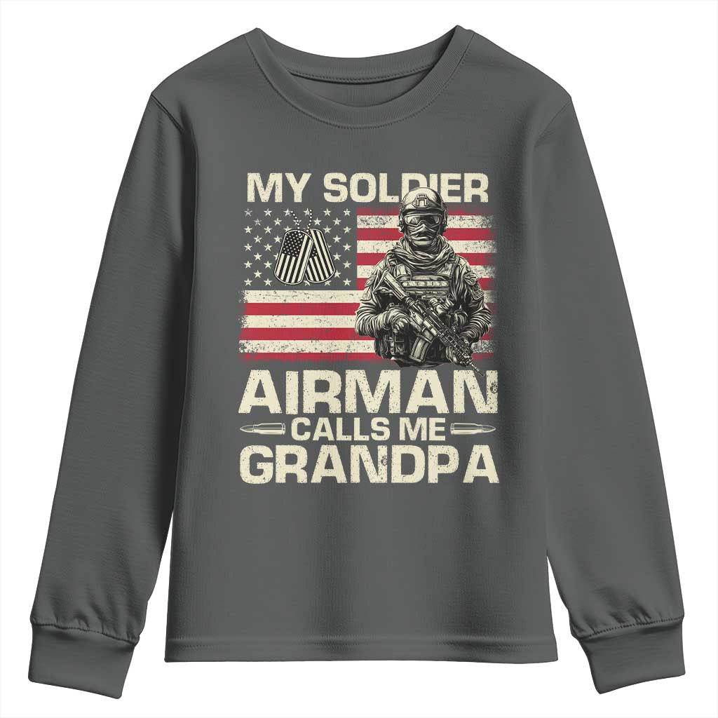 Proud Air Force Grandpa Youth Sweatshirt My Soldier Airman Calls Me Grandpa US Flag TS10 Dark Heather Print Your Wear