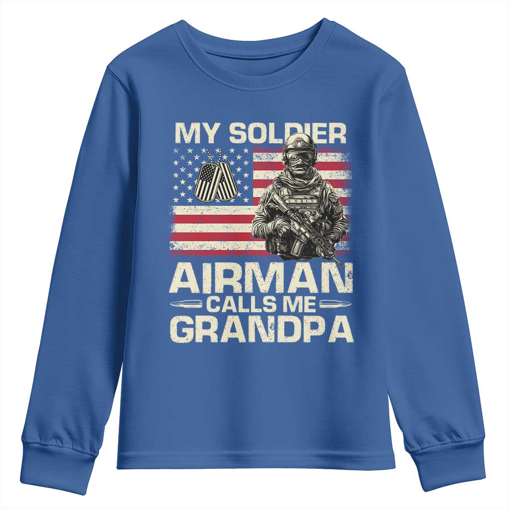 Proud Air Force Grandpa Youth Sweatshirt My Soldier Airman Calls Me Grandpa US Flag TS10 Royal Blue Print Your Wear