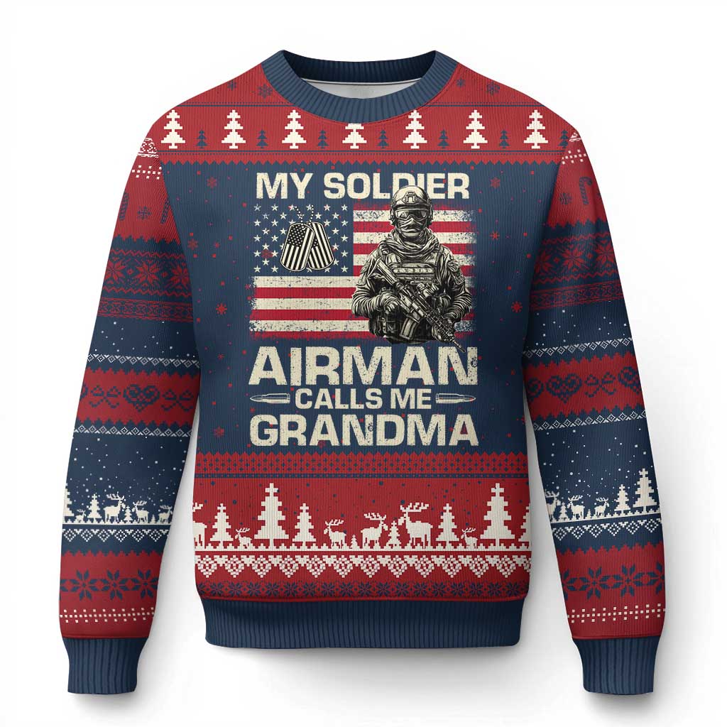 Proud Air Force Grandma Ugly Christmas Sweater My Soldier Airman Calls Me Grandma US Flag TS10 Navy Red Print Your Wear