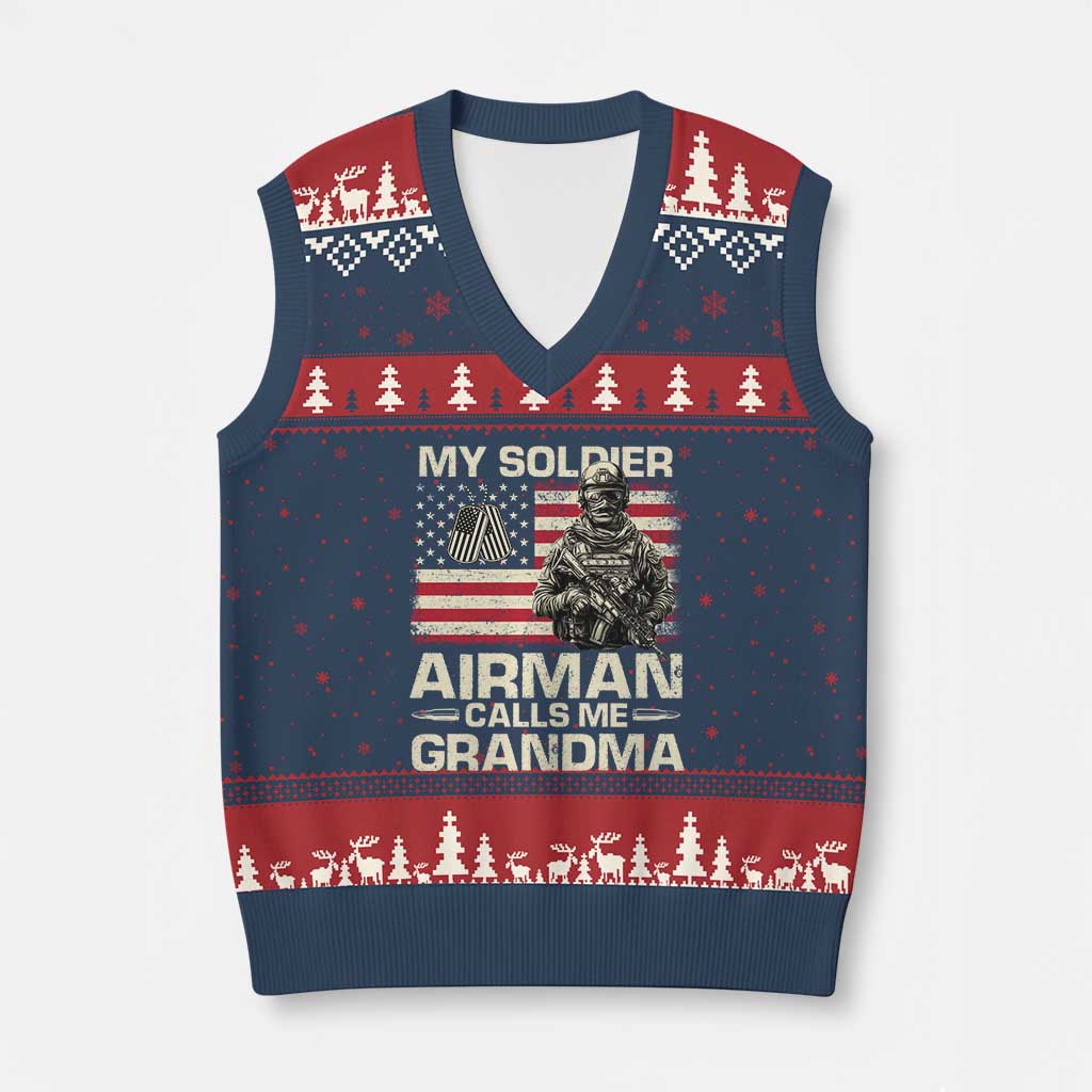 Proud Air Force Grandma V-Neck Knit Sweater Vest My Soldier Airman Calls Me Grandma US Flag TS10 Navy Red Print Your Wear