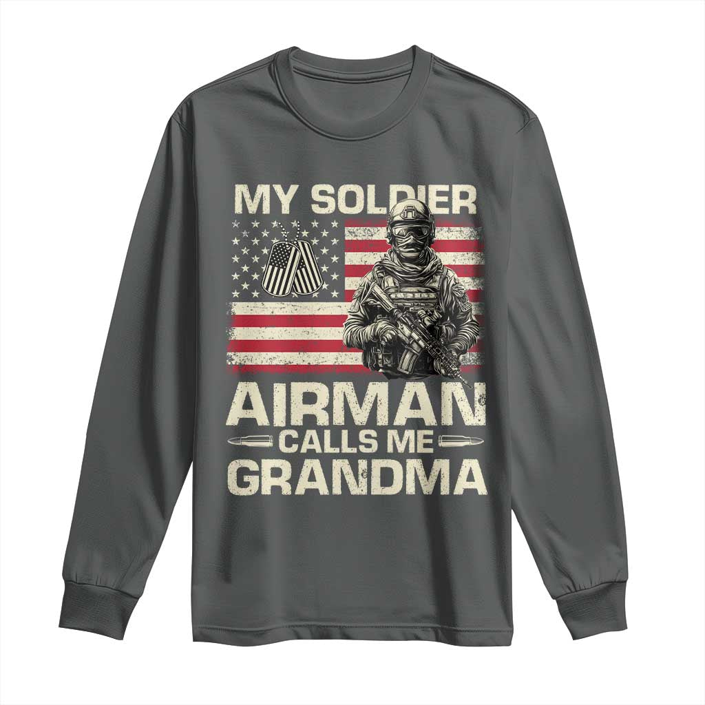 Proud Air Force Grandma Long Sleeve Shirt My Soldier Airman Calls Me Grandma US Flag TS10 Dark Heather Print Your Wear