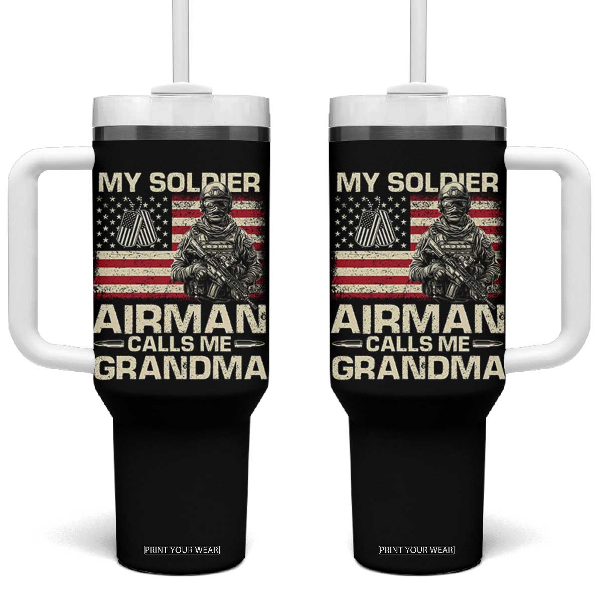 Proud Air Force Grandma Tumbler With Handle My Soldier Airman Calls Me Grandma US Flag TS10 One Size: 40 oz Black Print Your Wear