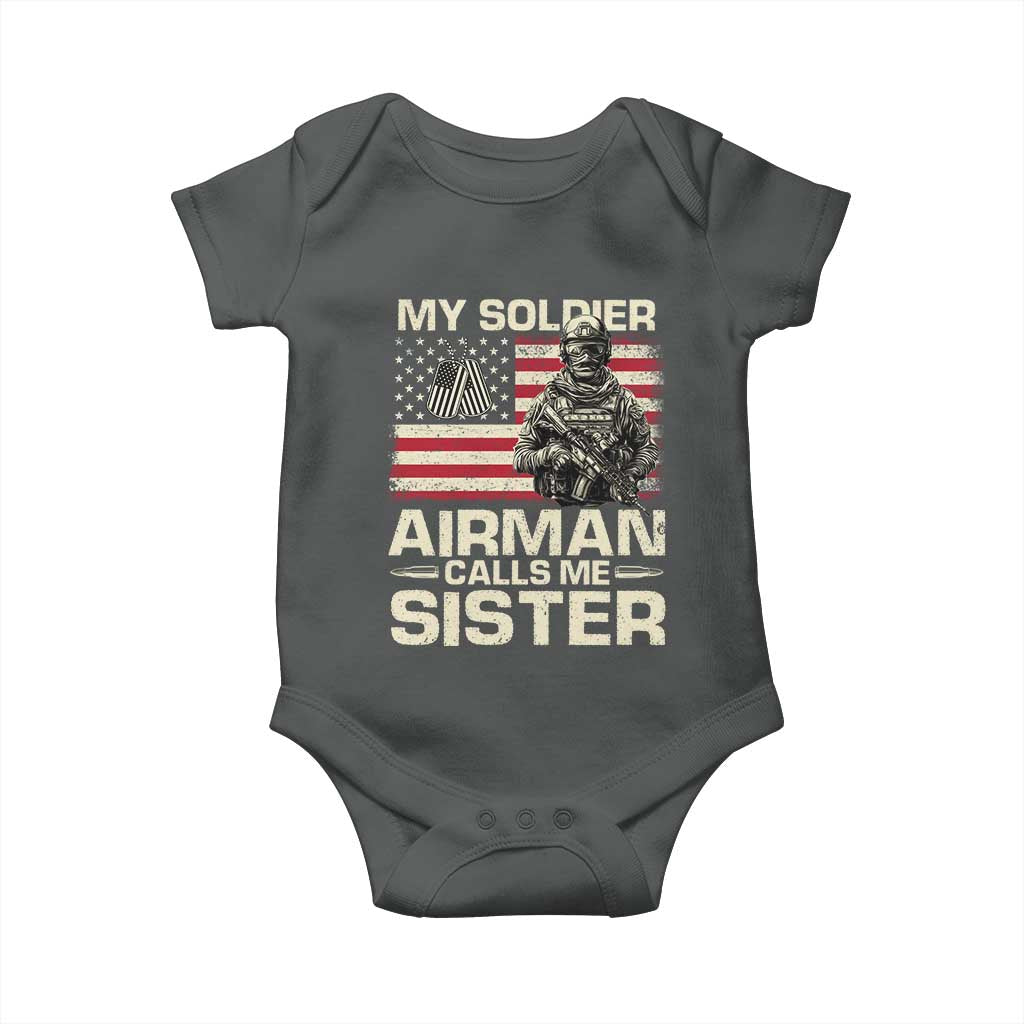 Proud Air Force Sister Baby Onesie My Soldier Airman Calls Me Sister US Flag TS10 Dark Heather Print Your Wear