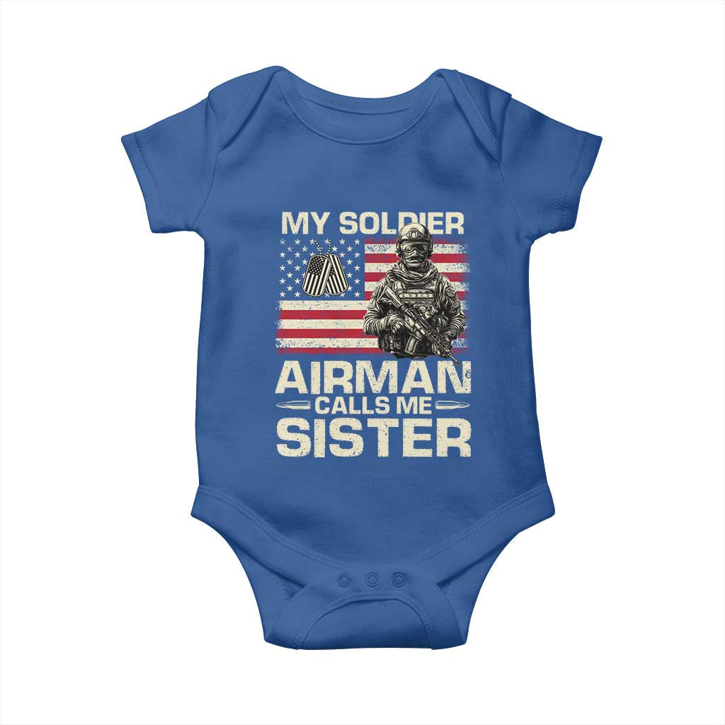 Proud Air Force Sister Baby Onesie My Soldier Airman Calls Me Sister US Flag TS10 Royal Blue Print Your Wear