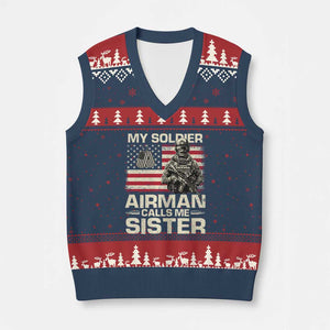 Proud Air Force Sister V-Neck Knit Sweater Vest My Soldier Airman Calls Me Sister US Flag TS10 Navy Red Print Your Wear