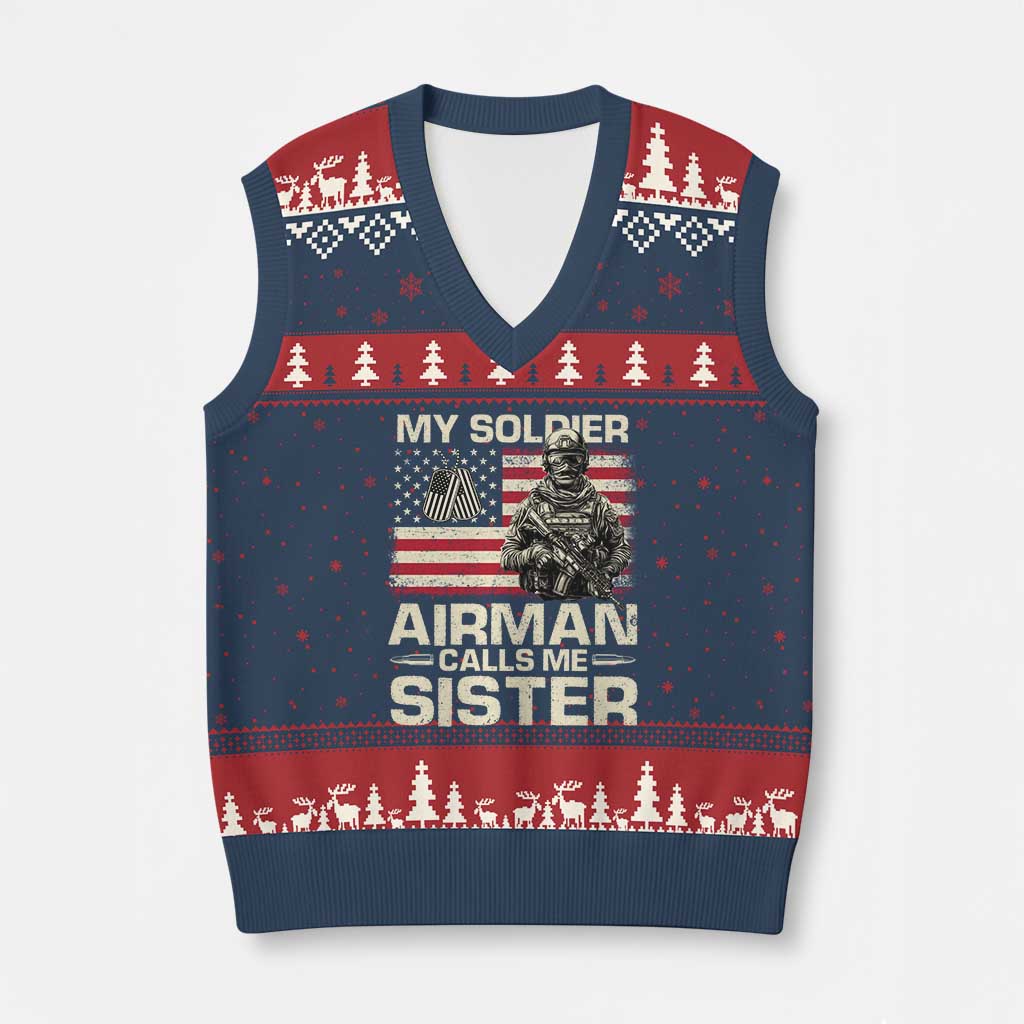 Proud Air Force Sister V-Neck Knit Sweater Vest My Soldier Airman Calls Me Sister US Flag TS10 Navy Red Print Your Wear