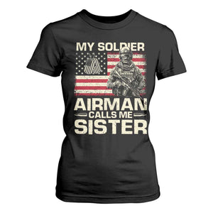 Proud Air Force Sister T Shirt For Women My Soldier Airman Calls Me Sister US Flag TS10 Black Print Your Wear