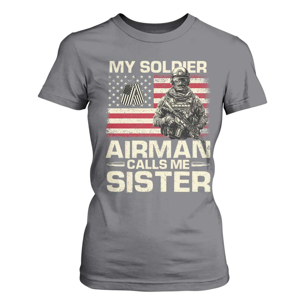 Proud Air Force Sister T Shirt For Women My Soldier Airman Calls Me Sister US Flag TS10 Charcoal Print Your Wear