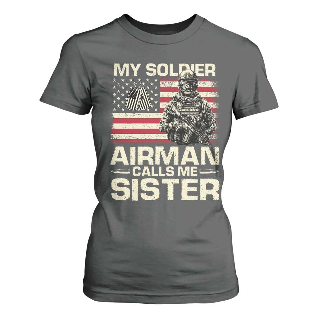 Proud Air Force Sister T Shirt For Women My Soldier Airman Calls Me Sister US Flag TS10 Dark Heather Print Your Wear