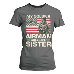 Proud Air Force Sister T Shirt For Women My Soldier Airman Calls Me Sister US Flag TS10 Dark Heather Print Your Wear