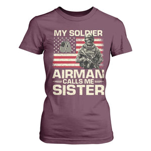 Proud Air Force Sister T Shirt For Women My Soldier Airman Calls Me Sister US Flag TS10 Maroon Print Your Wear