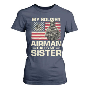 Proud Air Force Sister T Shirt For Women My Soldier Airman Calls Me Sister US Flag TS10 Navy Print Your Wear