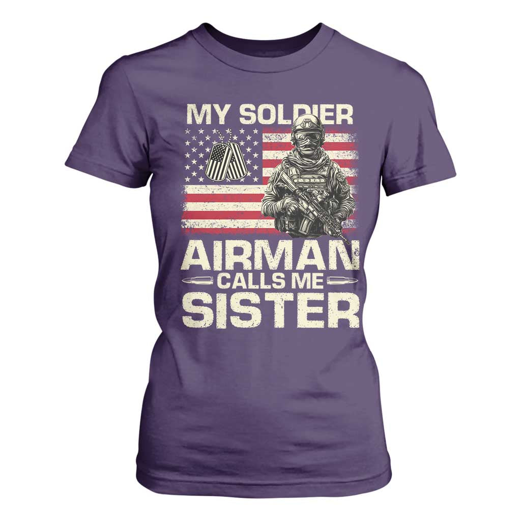 Proud Air Force Sister T Shirt For Women My Soldier Airman Calls Me Sister US Flag TS10 Purple Print Your Wear