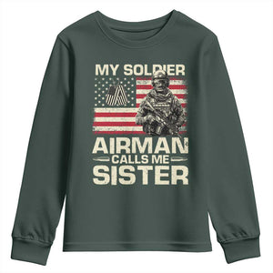 Proud Air Force Sister Youth Sweatshirt My Soldier Airman Calls Me Sister US Flag TS10 Dark Forest Green Print Your Wear