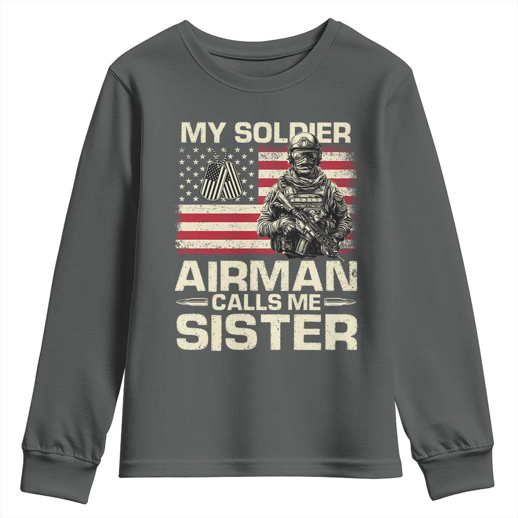 Proud Air Force Sister Youth Sweatshirt My Soldier Airman Calls Me Sister US Flag TS10 Dark Heather Print Your Wear