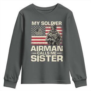 Proud Air Force Sister Youth Sweatshirt My Soldier Airman Calls Me Sister US Flag TS10 Dark Heather Print Your Wear