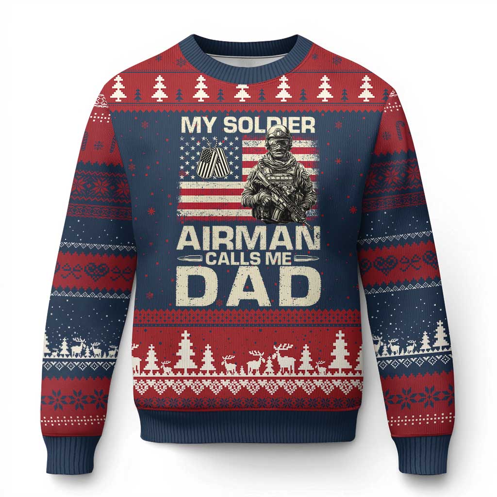 Proud Air Force Dad Ugly Christmas Sweater My Soldier Airman Calls Me Dad US Flag TS10 Navy Red Print Your Wear