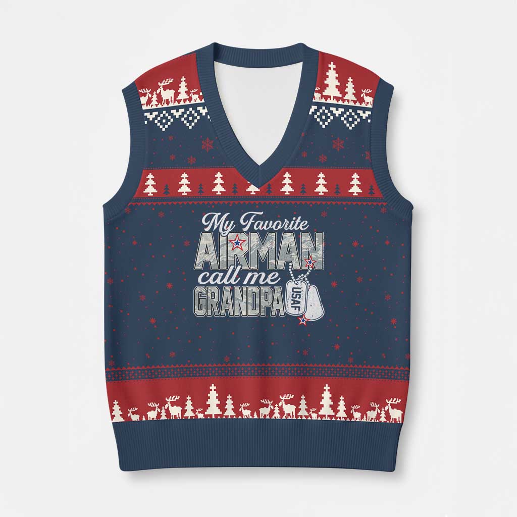 Proud Air Force Family V-Neck Knit Sweater Vest My Favorite Airman Calls Me Grandpa TS10 Navy Red Print Your Wear