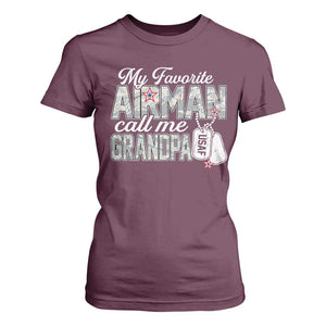 Proud Air Force Family T Shirt For Women My Favorite Airman Calls Me Grandpa TS10 Maroon Print Your Wear