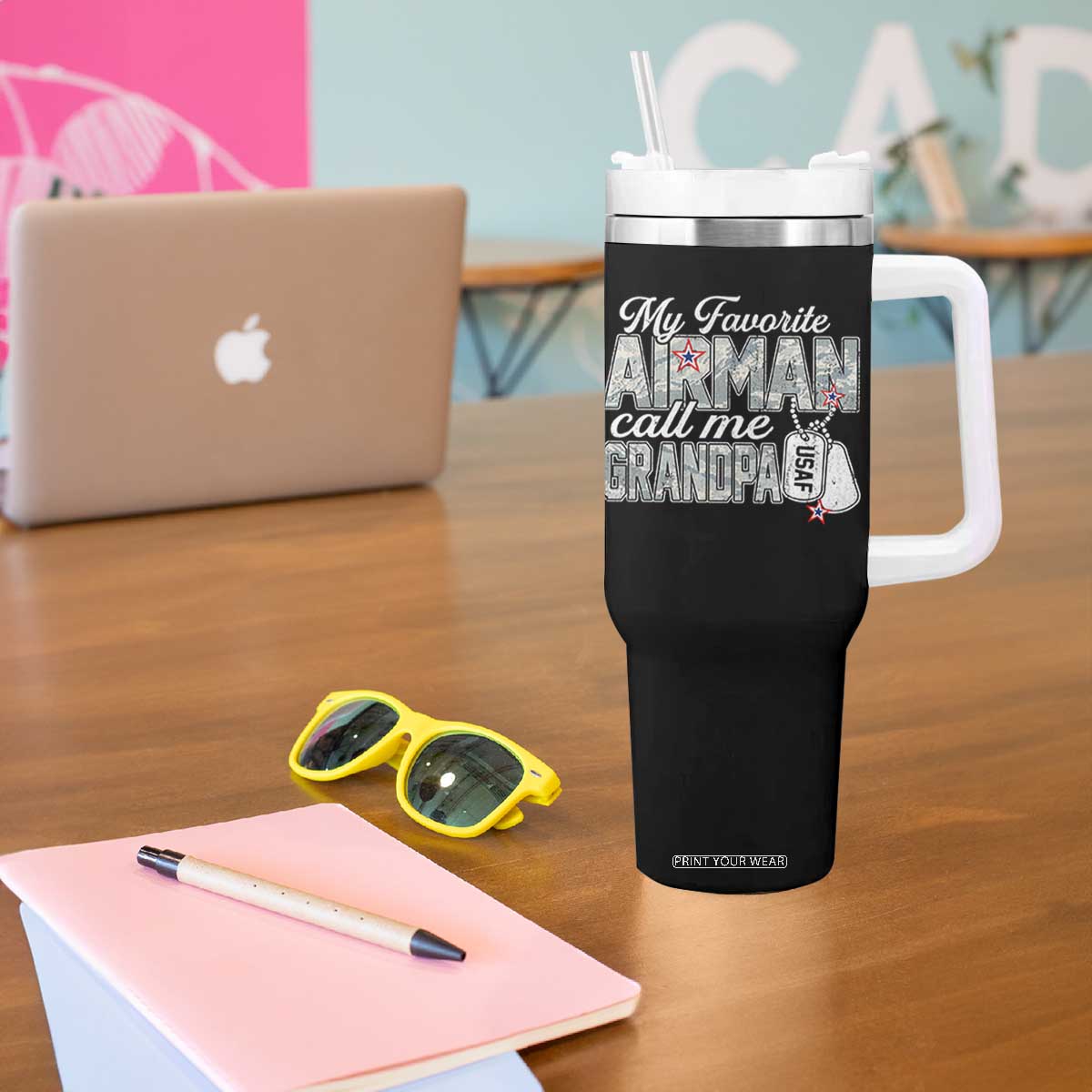 Proud Air Force Family Tumbler With Handle My Favorite Airman Calls Me Grandpa TS10 Print Your Wear