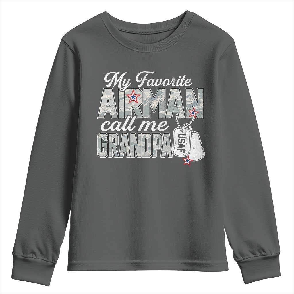 Proud Air Force Family Youth Sweatshirt My Favorite Airman Calls Me Grandpa TS10 Dark Heather Print Your Wear