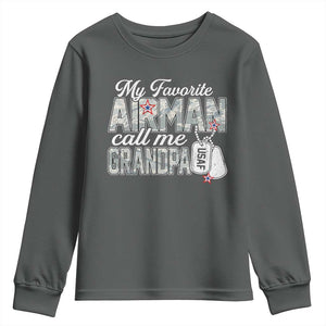 Proud Air Force Family Youth Sweatshirt My Favorite Airman Calls Me Grandpa TS10 Dark Heather Print Your Wear