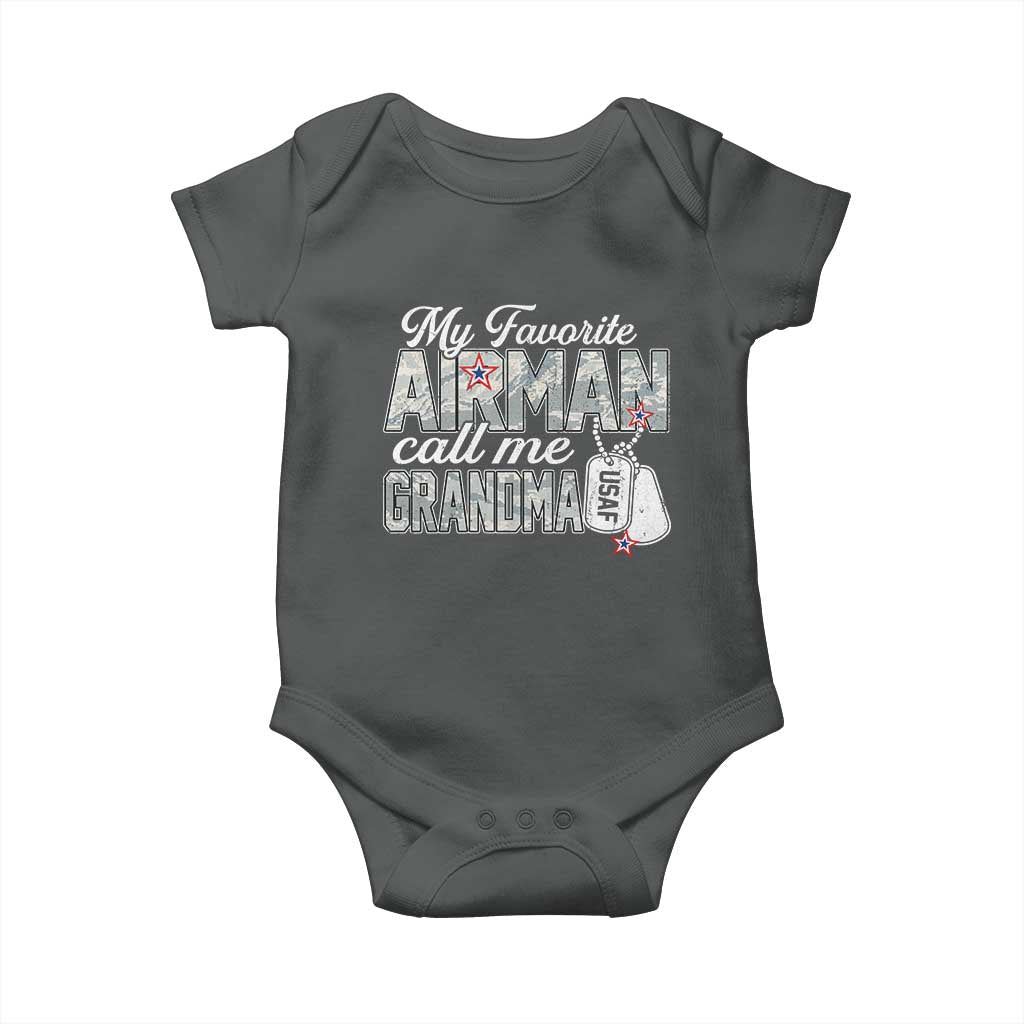 Proud Air Force Family Baby Onesie My Favorite Airman Calls Me Grandma TS10 Dark Heather Print Your Wear