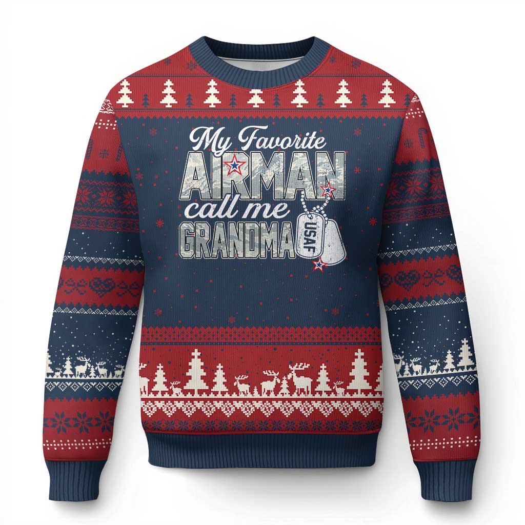 Proud Air Force Family Ugly Christmas Sweater My Favorite Airman Calls Me Grandma TS10 Navy Red Print Your Wear