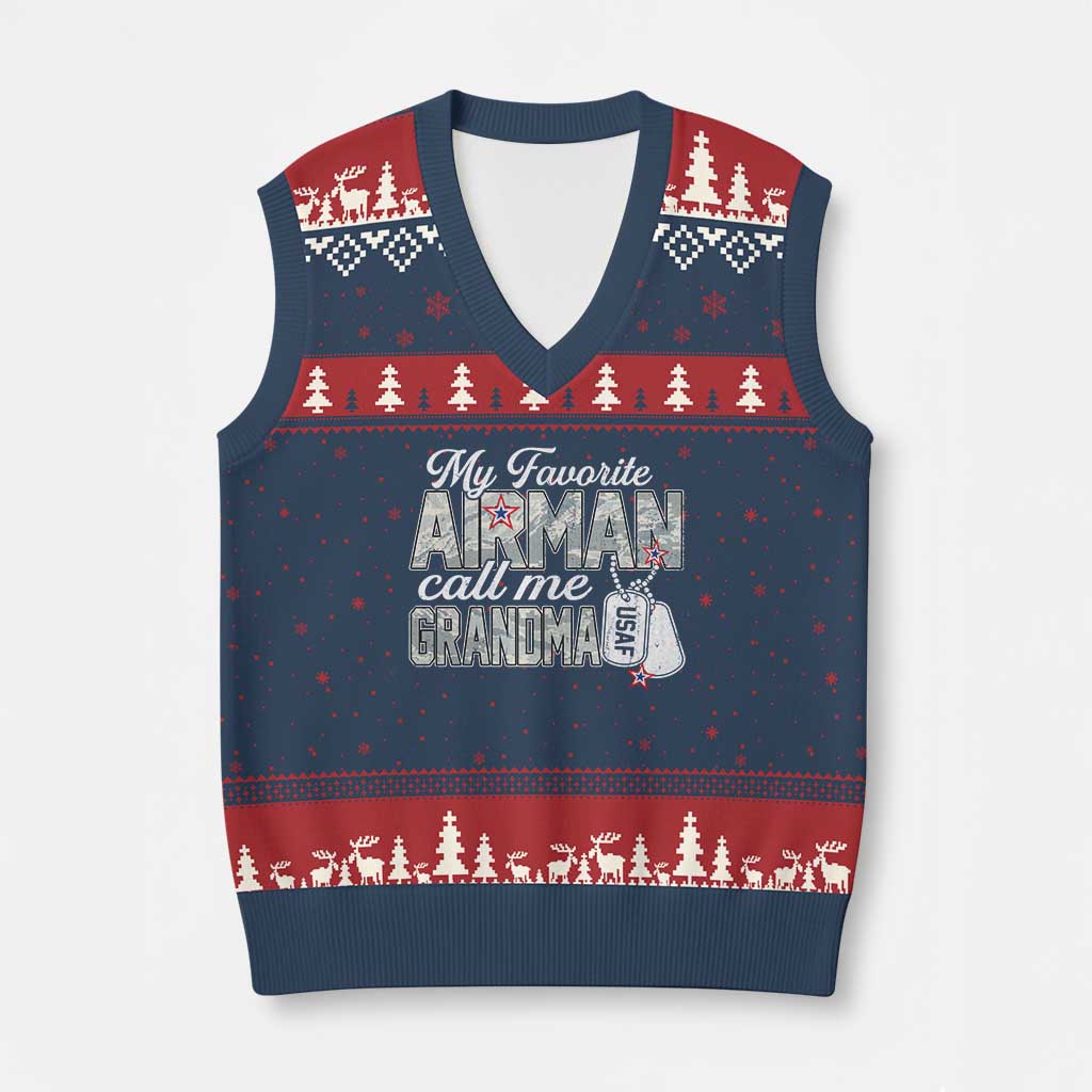Proud Air Force Family V-Neck Knit Sweater Vest My Favorite Airman Calls Me Grandma TS10 Navy Red Print Your Wear