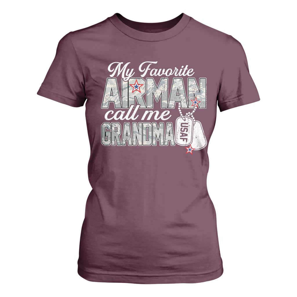 Proud Air Force Family T Shirt For Women My Favorite Airman Calls Me Grandma TS10 Maroon Print Your Wear