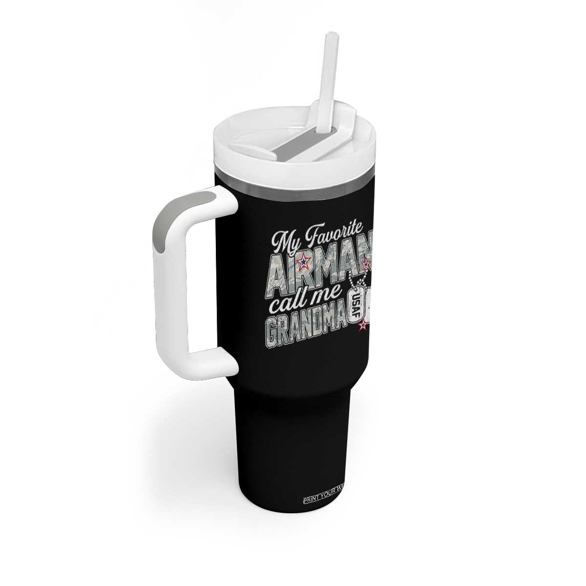 Proud Air Force Family Tumbler With Handle My Favorite Airman Calls Me Grandma TS10 Print Your Wear