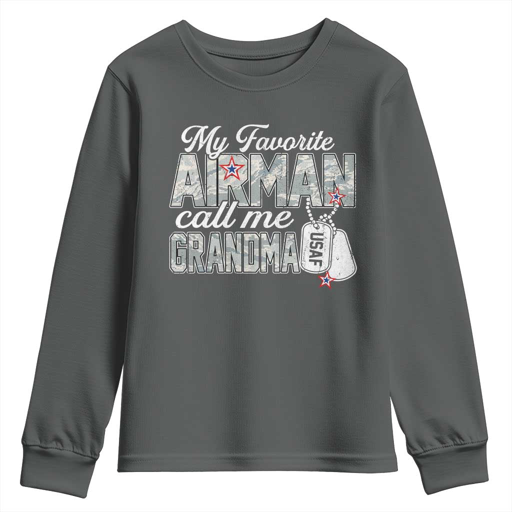 Proud Air Force Family Youth Sweatshirt My Favorite Airman Calls Me Grandma TS10 Dark Heather Print Your Wear
