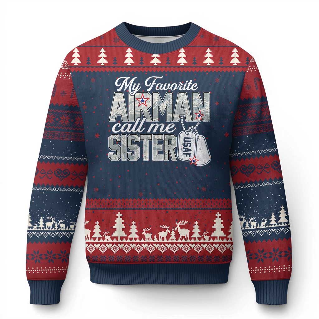 Proud Air Force Family Ugly Christmas Sweater My Favorite Airman Calls Me Sister TS10 Navy Red Print Your Wear