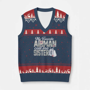 Proud Air Force Family V-Neck Knit Sweater Vest My Favorite Airman Calls Me Sister TS10 Navy Red Print Your Wear