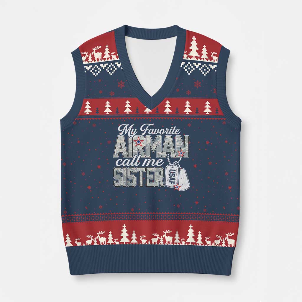 Proud Air Force Family V-Neck Knit Sweater Vest My Favorite Airman Calls Me Sister TS10 Navy Red Print Your Wear