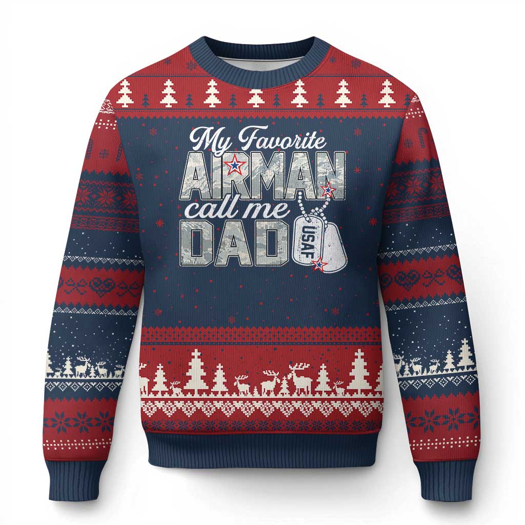 Proud Air Force Family Ugly Christmas Sweater My Favorite Airman Calls Me Dad TS10 Navy Red Print Your Wear
