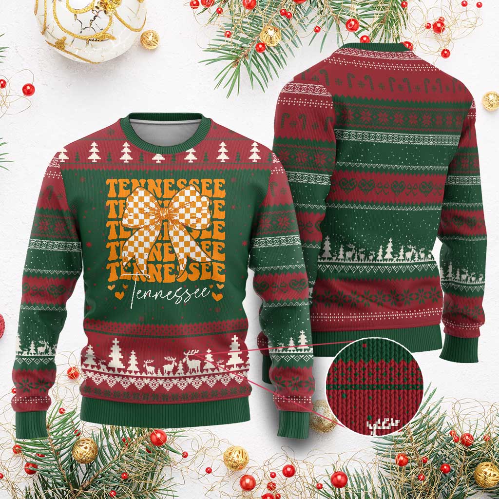 Vintage Tennessee Coquette Bow Ugly Christmas Sweater Retro TN Orange Checkered Print US State TS10 Red Green Print Your Wear