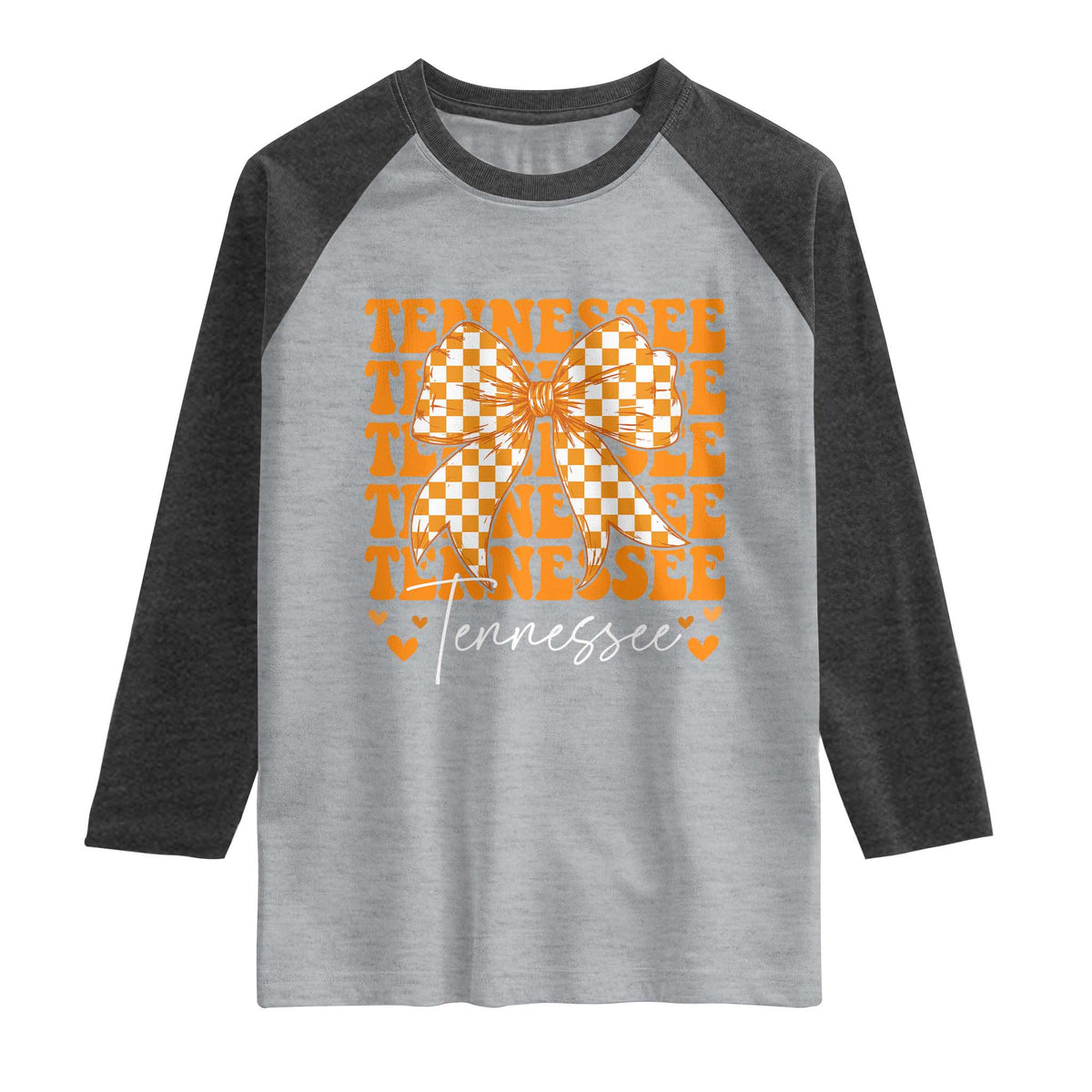 Vintage Tennessee Coquette Bow Raglan Shirt Retro TN Orange Checkered Print US State TS10 Heather Gray Heather Charcoal Print Your Wear