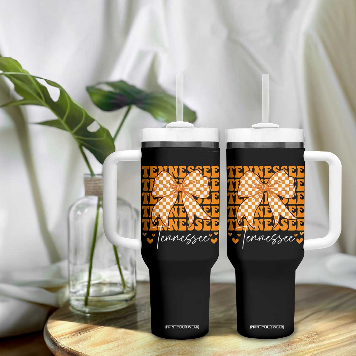 Vintage Tennessee Coquette Bow Tumbler With Handle Retro TN Orange Checkered Print US State TS10 Print Your Wear