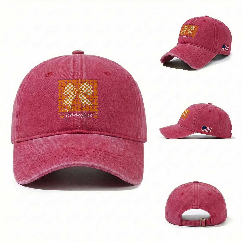 Vintage Tennessee Coquette Bow Washed Cotton Baseball Cap Retro TN Orange Checkered Print US State TS10 Washed Cap Universal Fit Red Print Your Wear