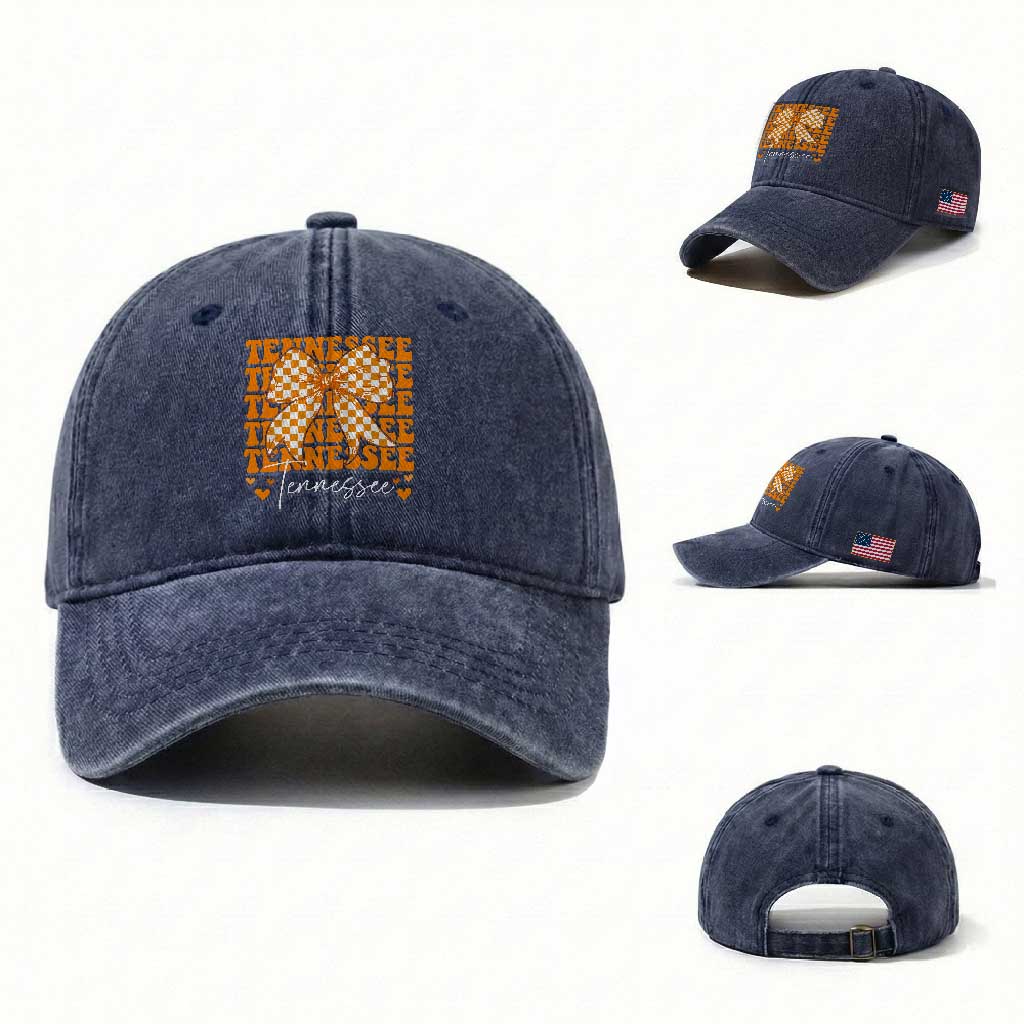 Vintage Tennessee Coquette Bow Washed Cotton Baseball Cap Retro TN Orange Checkered Print US State TS10 Washed Cap Universal Fit Navy Print Your Wear