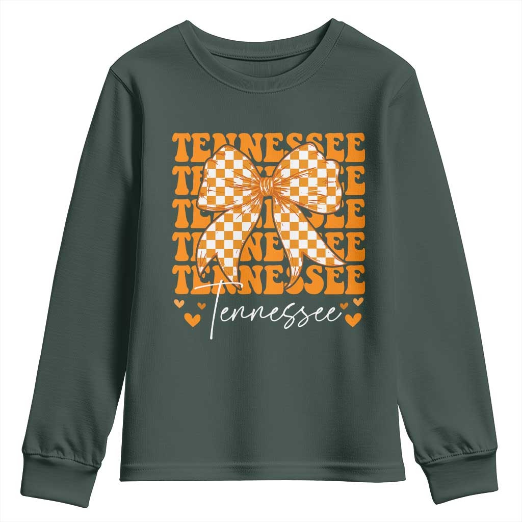 Vintage Tennessee Coquette Bow Youth Sweatshirt Retro TN Orange Checkered Print US State TS10 Dark Forest Green Print Your Wear
