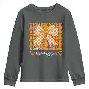 Vintage Tennessee Coquette Bow Youth Sweatshirt Retro TN Orange Checkered Print US State TS10 Dark Heather Print Your Wear