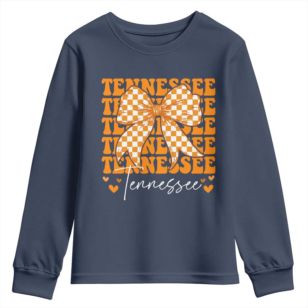 Vintage Tennessee Coquette Bow Youth Sweatshirt Retro TN Orange Checkered Print US State TS10 Navy Print Your Wear