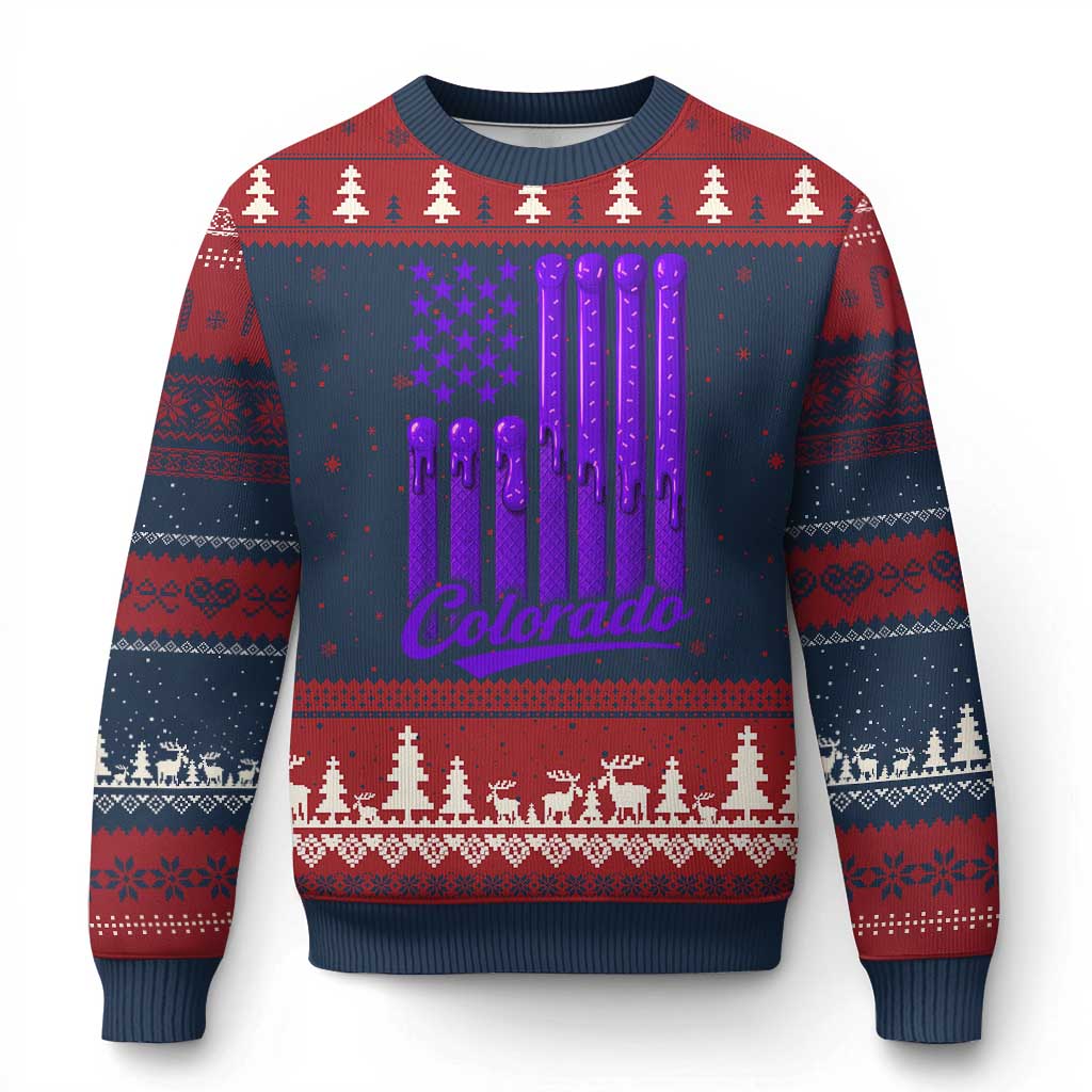 Vintage Colorado Ugly Christmas Sweater Purple Dripping Flag Vintage State Pride Sports Fan Patriotic TS10 Navy Red Print Your Wear