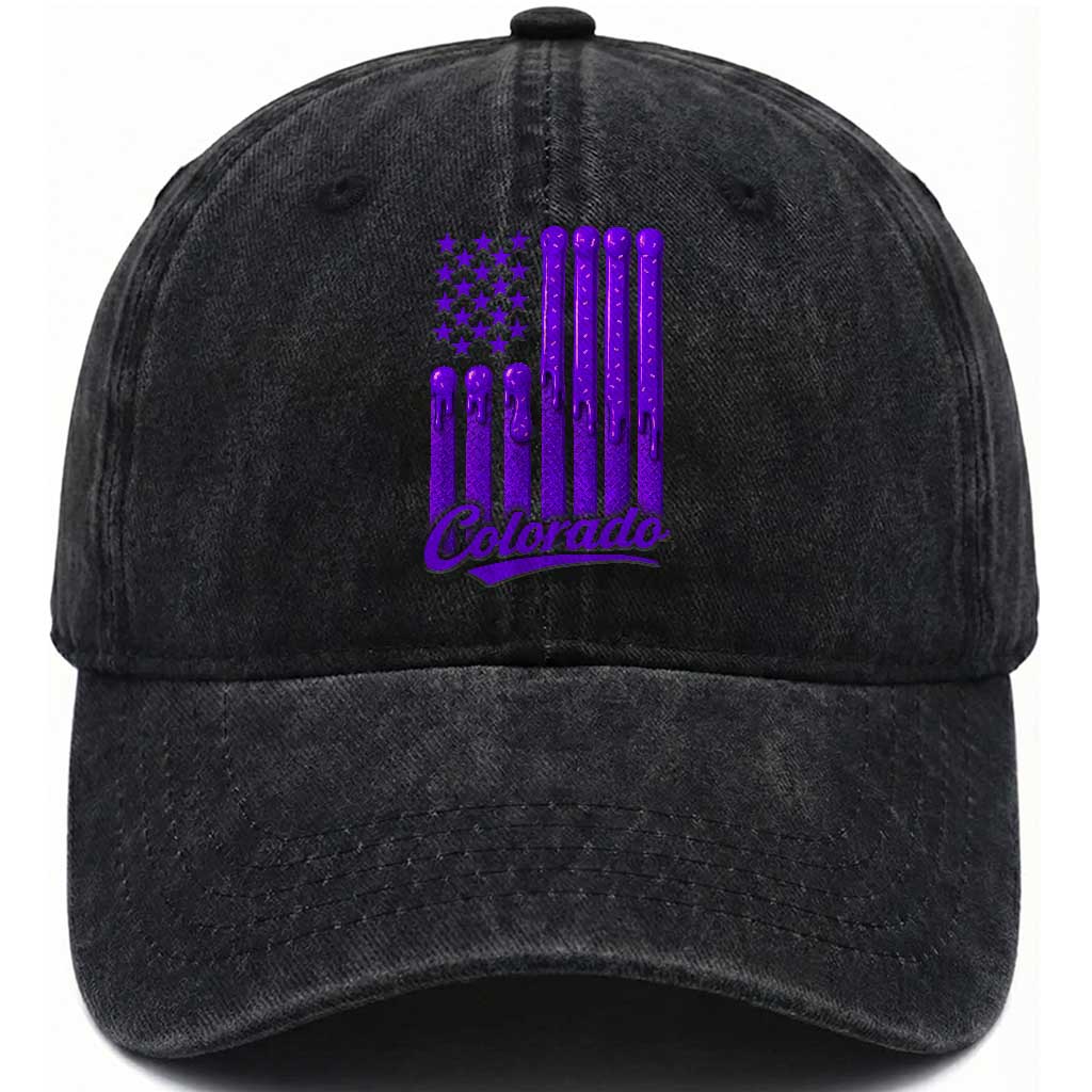 Vintage Colorado Washed Cotton Baseball Cap Purple Dripping Flag Vintage State Pride Sports Fan Patriotic TS10 Print Your Wear